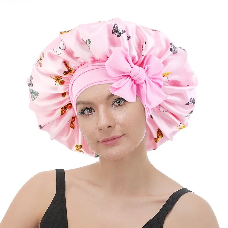 Printing Satin Bonnet For Women Elastic Wide Band Night Sleep Satin Hat Chemo Caps Hair Loss Cover Fashion Head Wrap Hair Care