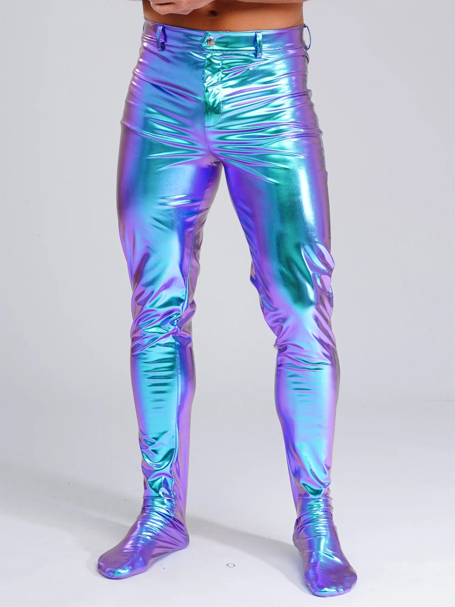 Męskie błyszczące metaliczne rajstopy obcisłe obcisłe spodnie długie spodnie PU taniec legginsy uciskowe strój do klubu nocnego