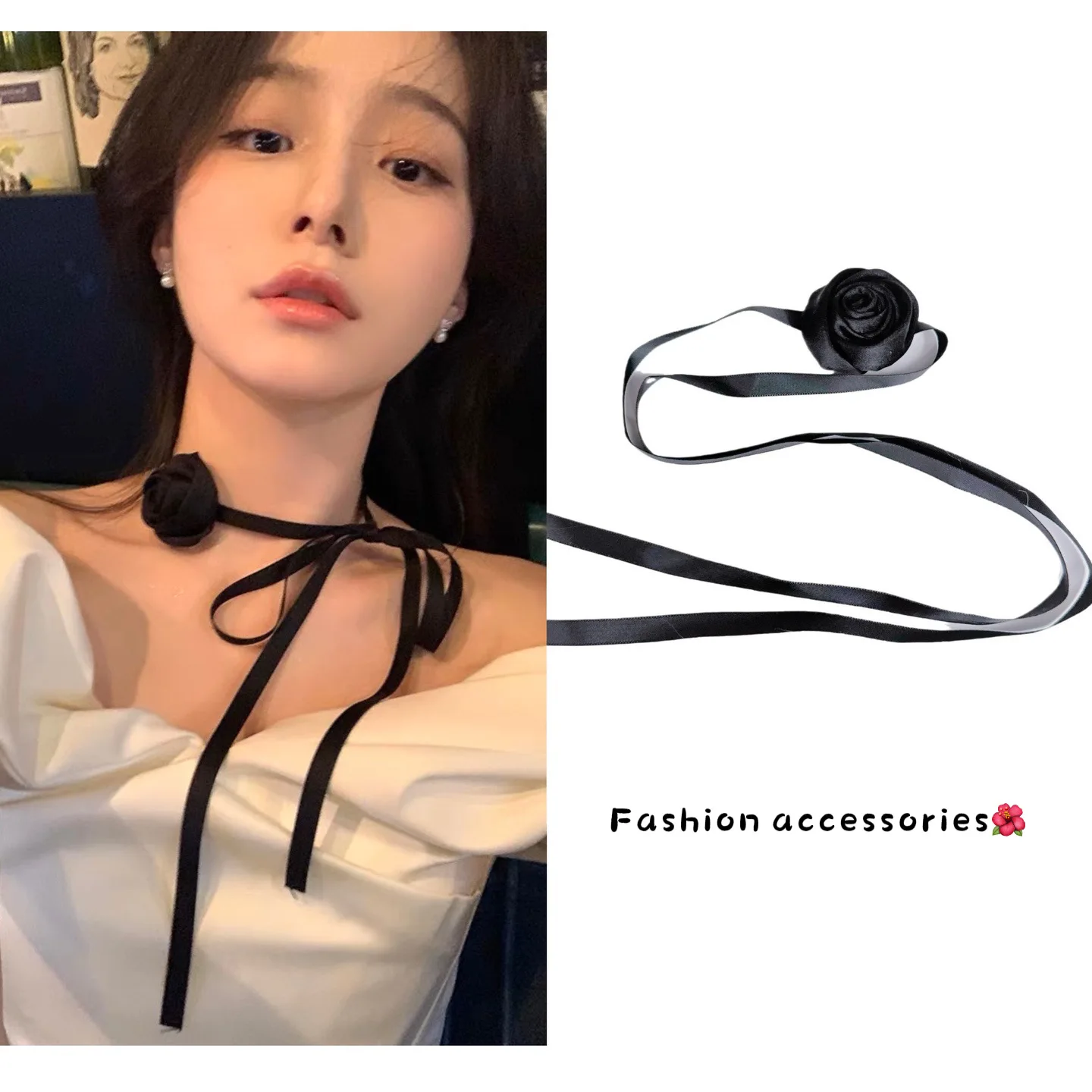 New 90s Aesthetic Black White Rose Flower Ties with Ribbons Pendant  Choker Necklaces Collars Nana Coquette Y2k Accessories