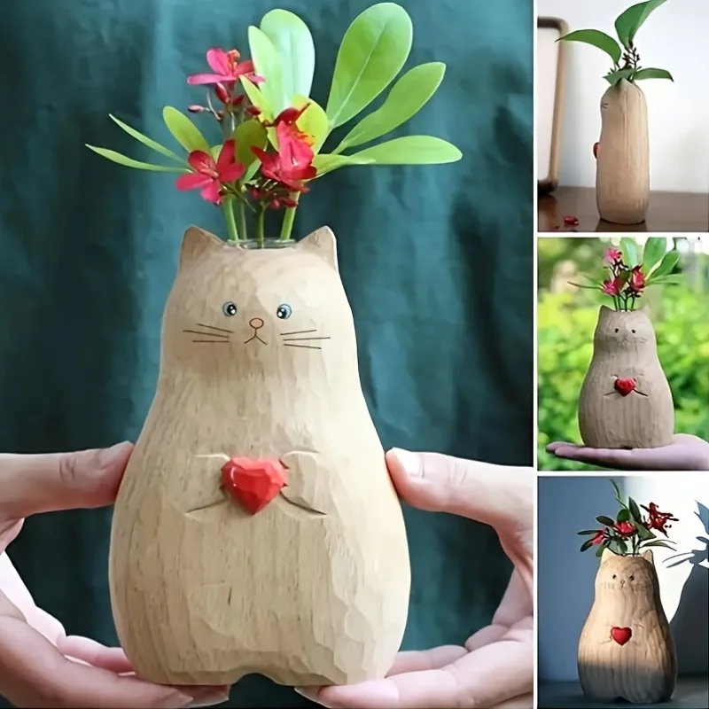 Handgemachte hölzerne Katzen vase Massivholz Katzen statuen vase Massivholz handgemachte Katzen dekorations vase für Haupt tisch Büro dekor