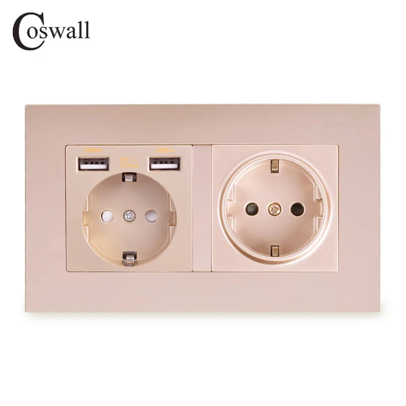 COSWALL 2 Gang Russia Spain EU Standard Wall Socket With 2 USB Charge Port Hidden Soft LED Indicator PC Panel Black White Grey