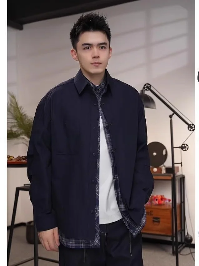 

Мужская повседневная рубашка свободного кроя в стиле ретро с американским клетчатым узором, осень 2025, молодежная, из хлопка, немнущаяся