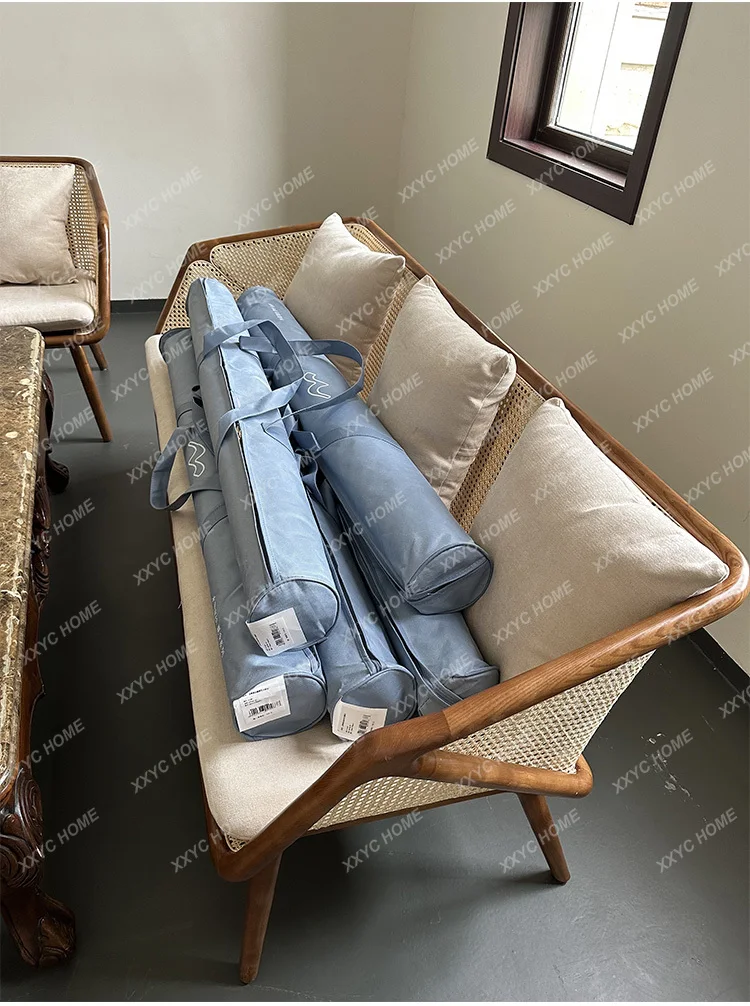 

MMSolid wood rattan sofa combination wabi-sabi wind medieval creative small apartment, three people in the living room