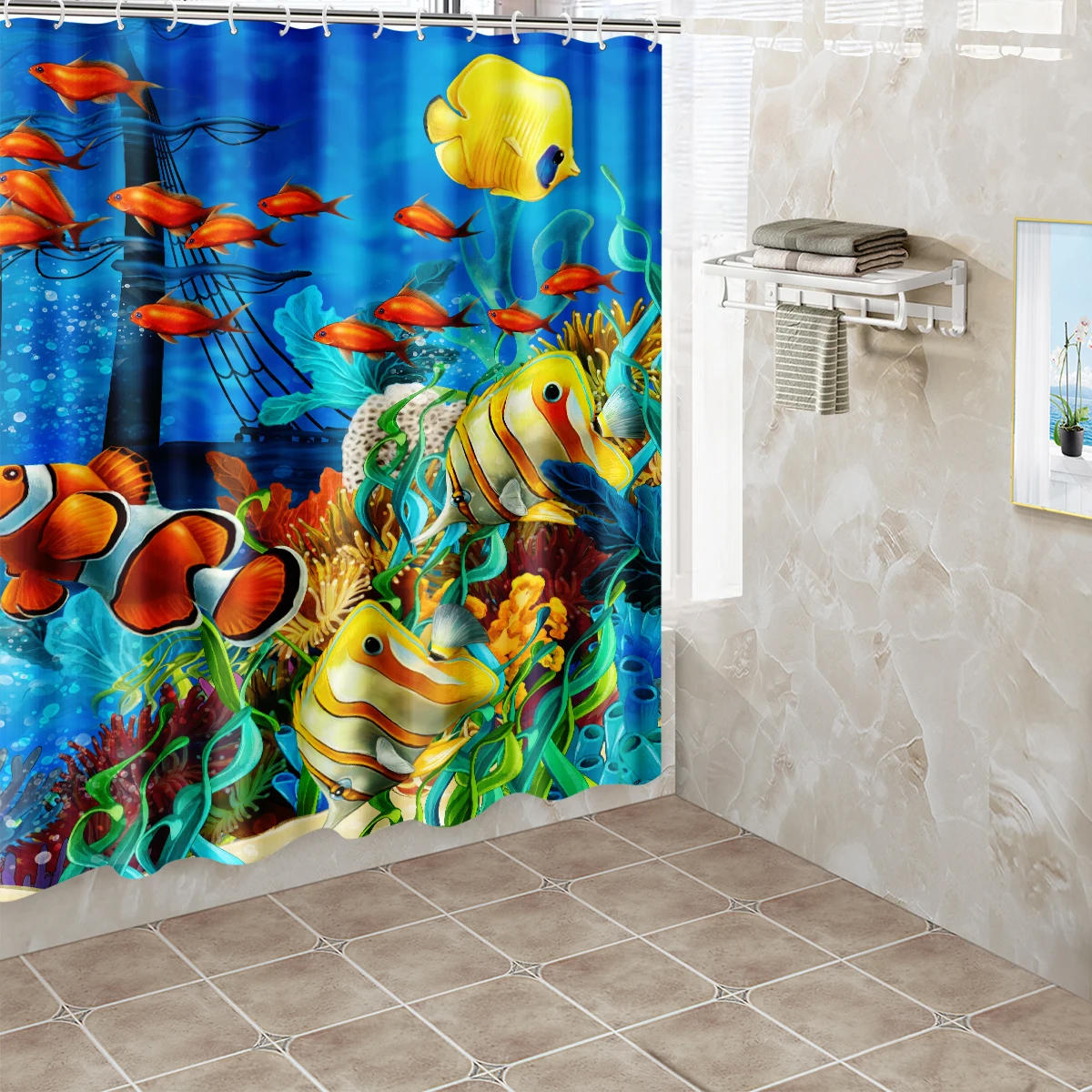 1pc Patternclownfish Ocean Shower Curtain Bathroom Partition Decorative Curtain Machine Washable Ocean Window Privacy Curtain