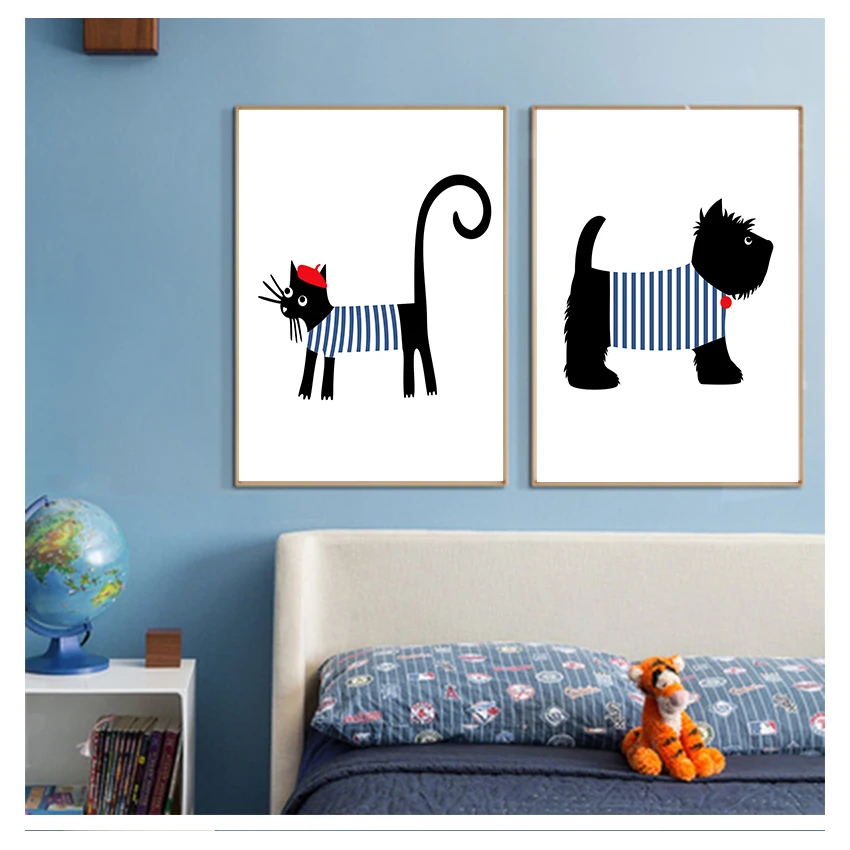 Cute Cartoon Scottish Parisian Dachshund And Cat Prints Canvas Painting Poster Home Decor French Style Dog Art Print Poster