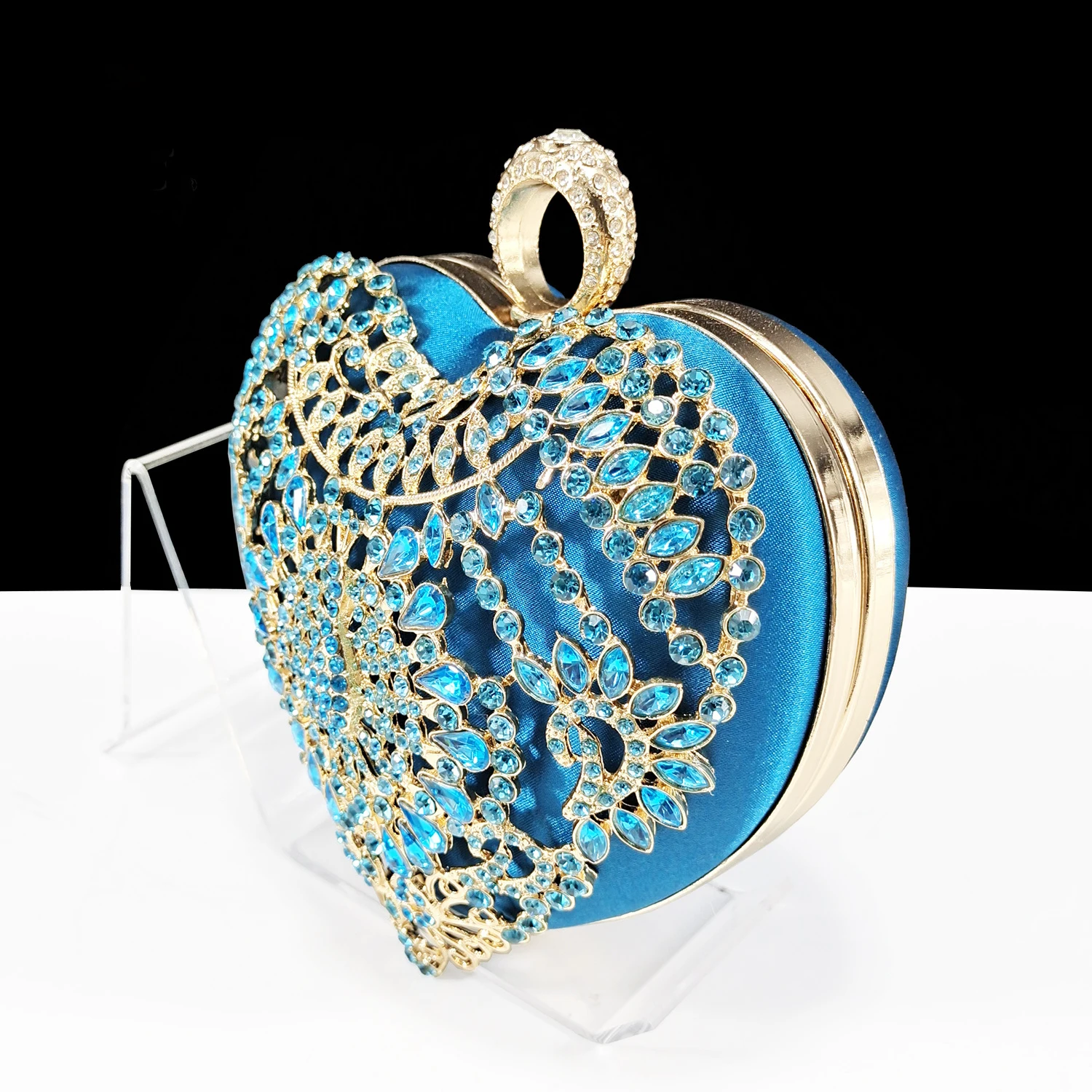 Mature Sky Blue Colorful Rhinestone Decoation Design Pointed Toe High Heel Lady Shoes and Heart Shape Mini Bag for Party Wedding