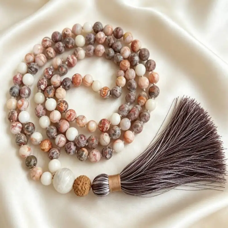 8mm Pattern Jasper Stone 108 Beads Handmade Tassel Necklace Wristband Mala Spiritua Retro Japa Chakra Buddhism Prayer Tibetan