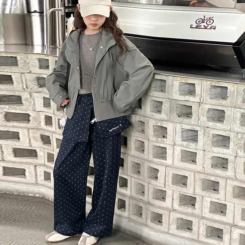

Teenager Girls 2pcs Outfit Autumn School Girls Zipper Long Sleeves Coat Kids Girls Dot Printed Patchwork Pant Children Girls Set