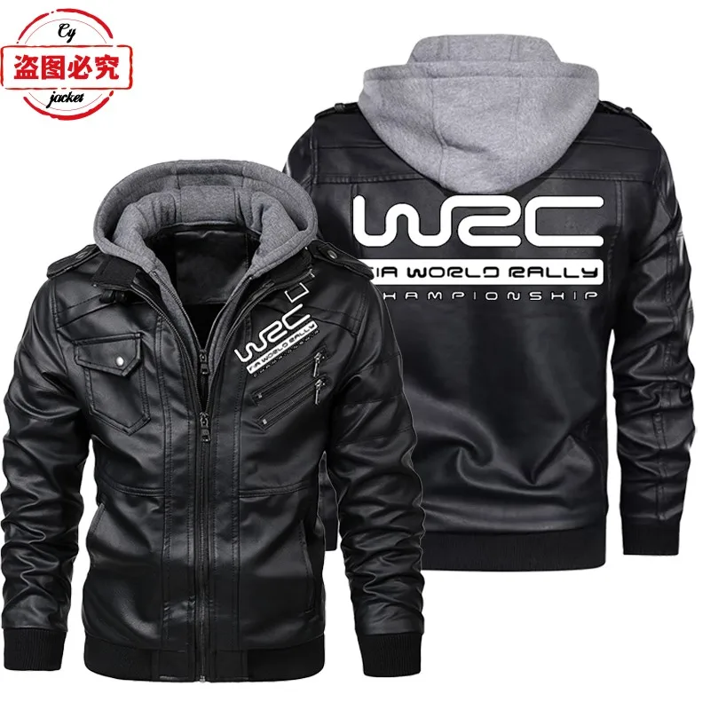 New hooded leather jacket World Championship WRC logo printed pu leather jacket windproof high-end men's jacket