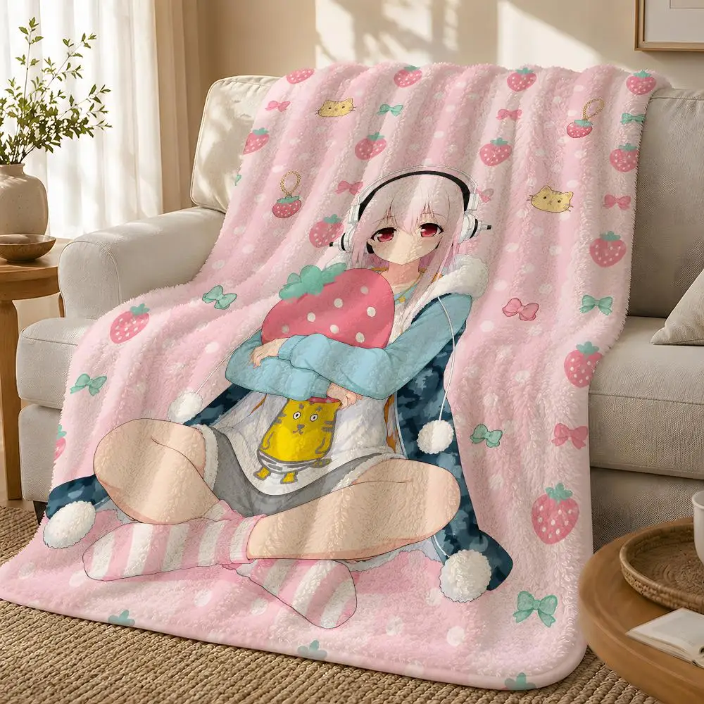 S-Super Sonico Strawberry Dream Throw 1pc Flannel Blanket Soft Lightweight Warm Cozy For Bedroom Sofa Bed