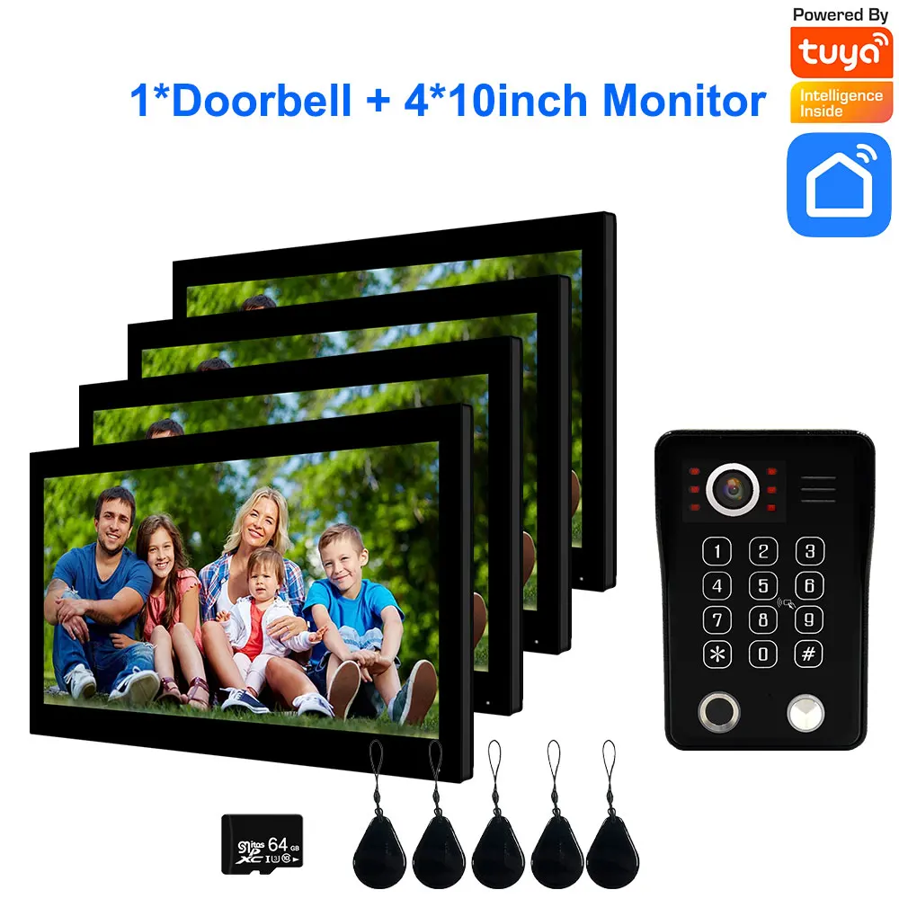 Fingerprint 5 in 1 Unlock Doorbell Video Intercom for Home 10 inch Touch Screen 1080P Tuya Smart  Video Doorphone wiht 4 Monitor