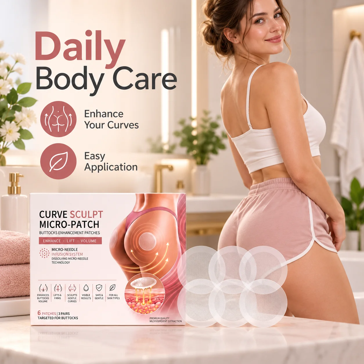 Dissolving Micro Needle Buttock Patches Packaged As Three Pairs In A Box Of Six Pieces For Targeted Application To The Buttocks