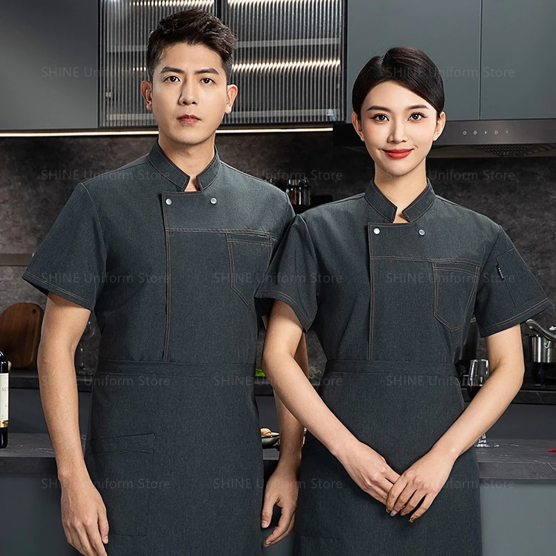 Abrigo de Chef transpirable para restaurante, delantal de uniforme de Chef negro, ropa de trabajo con logo, pantalones cortos de Chef, chaqueta de manga corta de cocina de verano para hombre