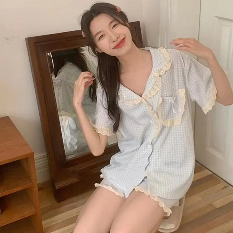 Korean Style Minimalist Student Plaid Pajamas Summer New Sweet Women's Lace Loose Casual Home Clothes Sweat Absorbing Breathable