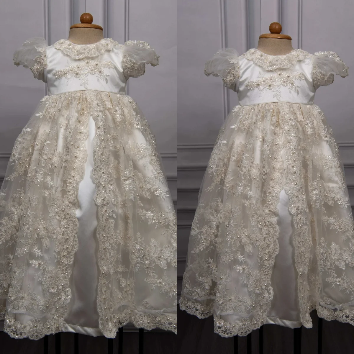 

Baby Girls Baptism Dress Beaded Lace Puff Sleeves Christening Dress Custom Newborns Wedding Flower Girl Gowns