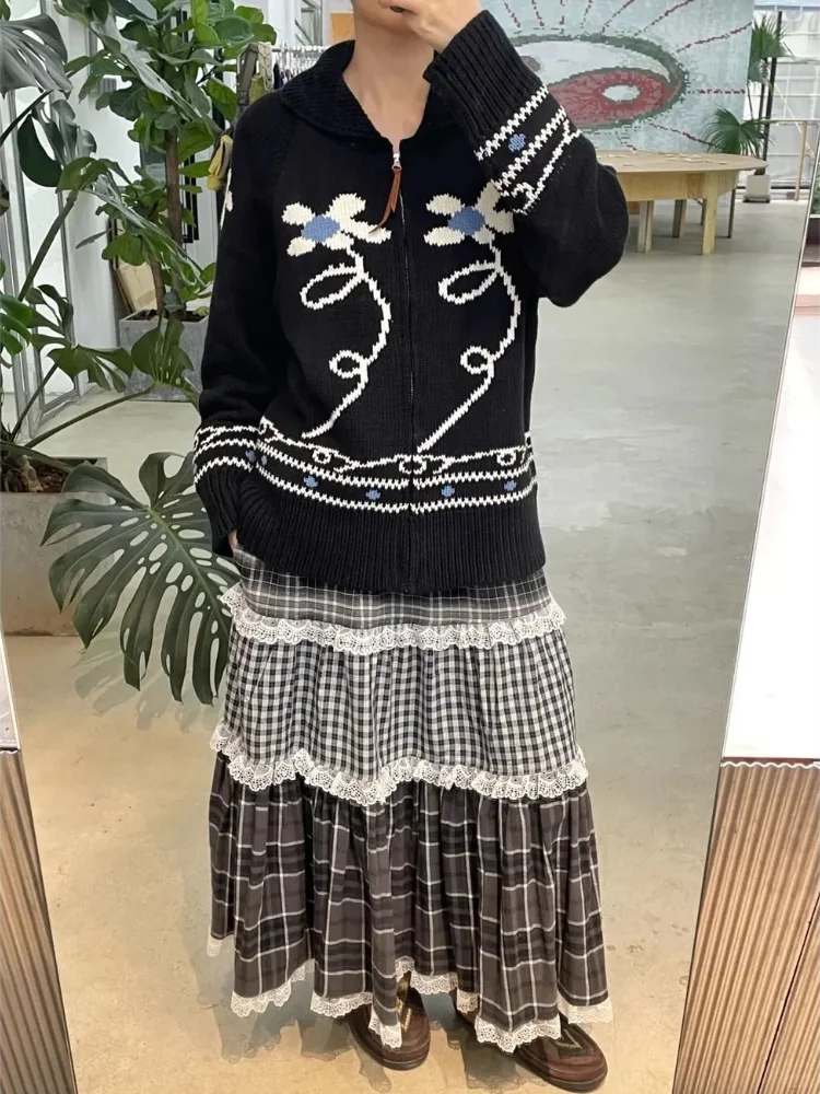 

Vintage Plaid Lace Patchwork Cake Skirt Women 2025 Autumn High Waist A-line Long Skirts Fashion Versatile Y2k Faldas