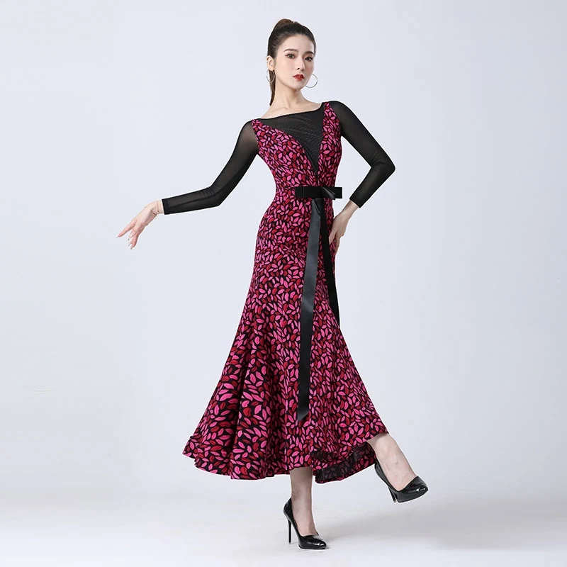 2025 New Ballroom Dance Costumes Competition Dress Modern Dance Women Print Mesh Dress National Standard Dance Clothes DN20995