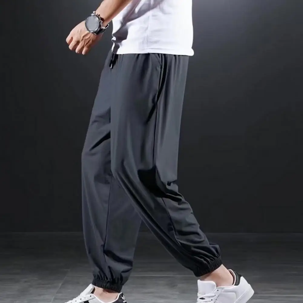 Pantalones deportivos transpirables para hombre, pantalones deportivos con bolsillos anchos en el tobillo, cintura con cordón para entrenamiento en el gimnasio, Jogging, seda de hielo suave