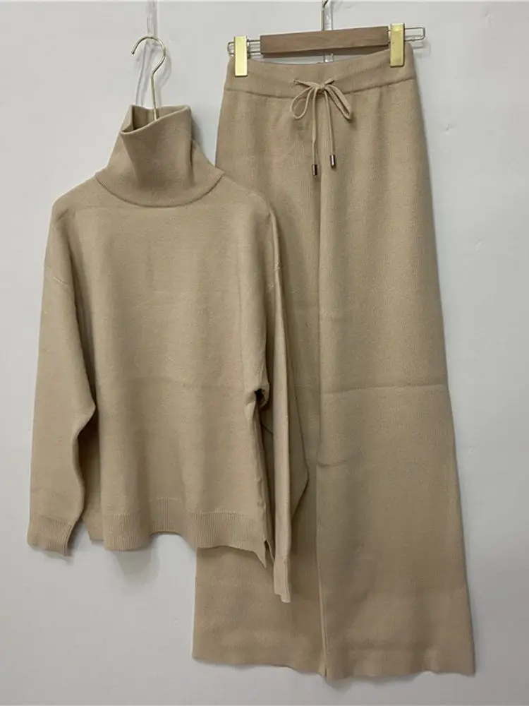 Luxury Two Pieces 45% Cashmere + 30% Wool Suits Female Turtleneck Warm Mink Cashmere Knit Tops +  Wide Leg Wool Pant Sets F2532