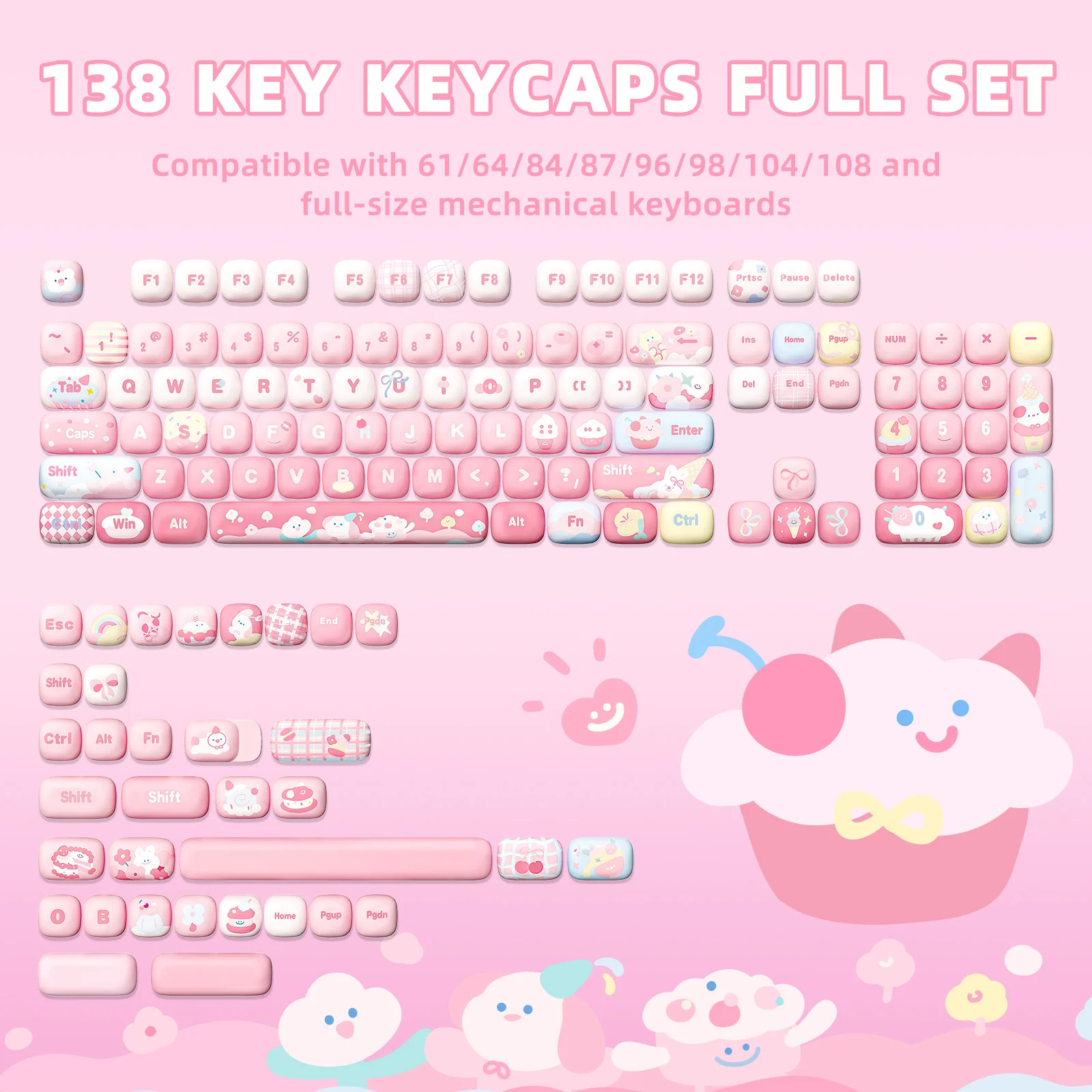 YUNZII Pink Ice Cream MOG Dye Sub PBT Keycaps, 138 Keys Custom Cute MOG Profile Keycap Set for Mechanical Gaming Keyboards