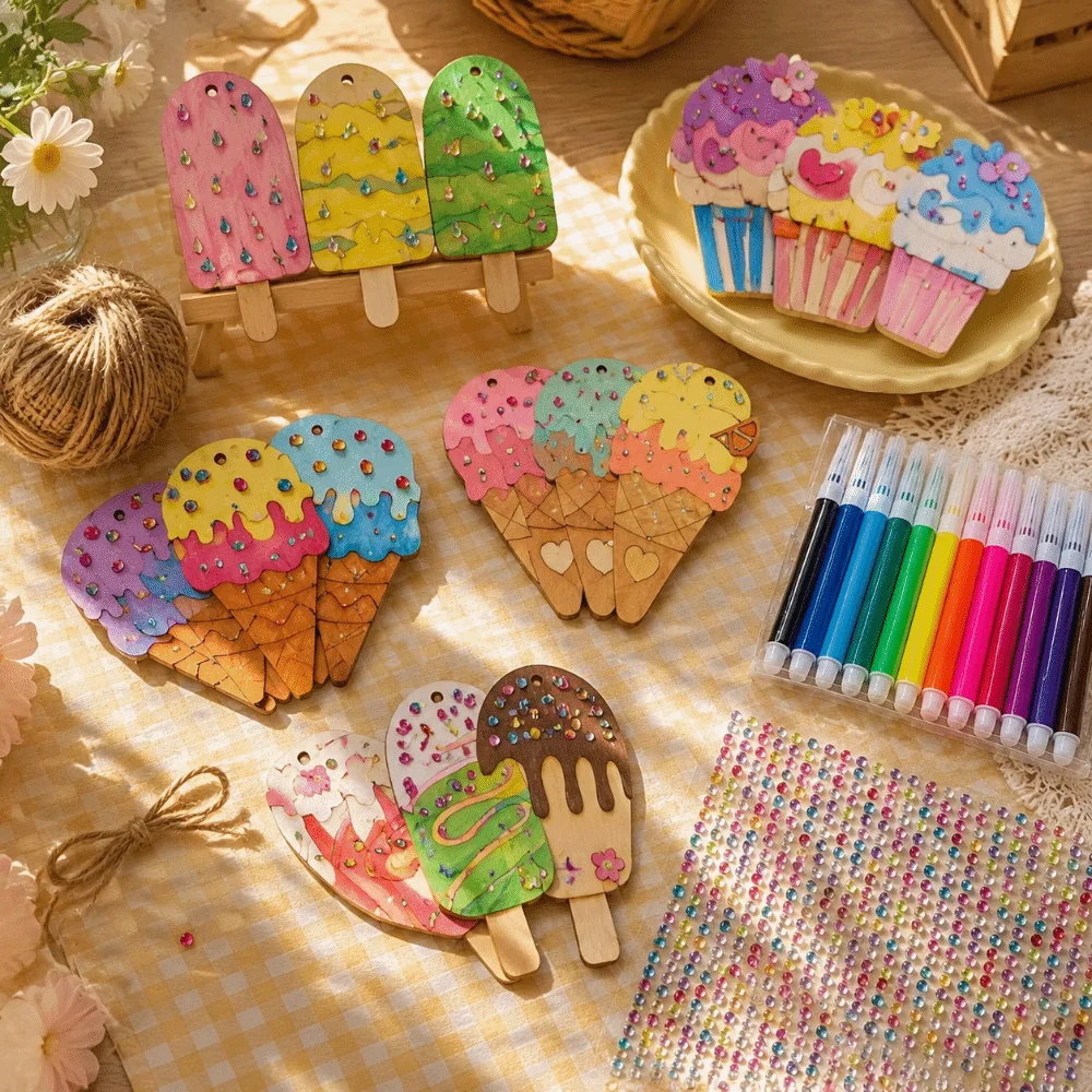 Wooden Ice Cream Graffiti Kit Handmade Party Photo Props Creative Painting Set Hanging Decor DIY Graffiti Set Party Photo Props