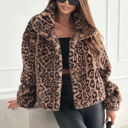 Single Breasted Long Sleeved Jacket Autumn and Winter New Leopard Print Plush Short Jacket Fashionable Street Women's Clothing