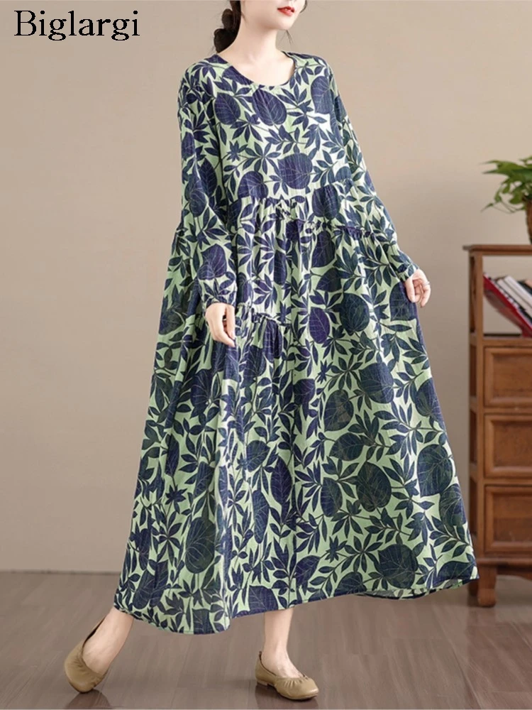 Abito autunnale oversize da donna fiore floreale moda cotone lino abiti da donna abito casual allentato pieghettato con volant