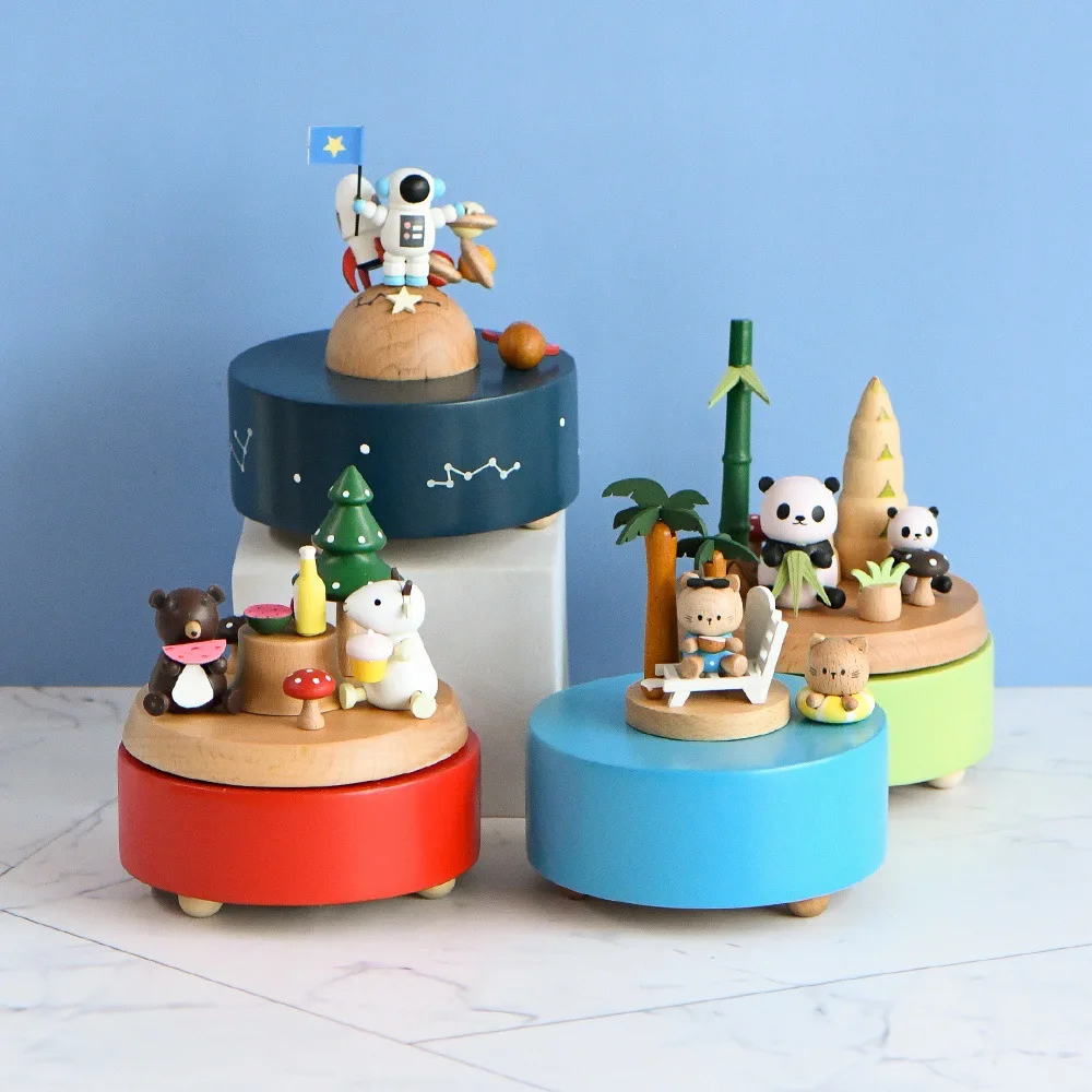 Cartoon animal beech wooden music box. Handmade rotatable music box, holiday birthday gift