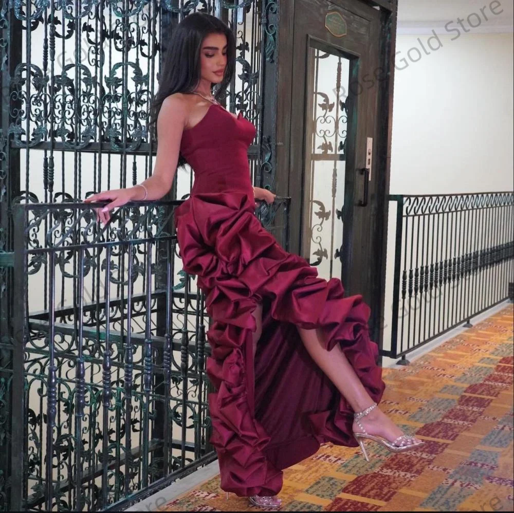 Robe de soirée sirène bordeaux, sans bretelles, dos nu, sans manches, en Satin, à volants, fente latérale, personnalisée