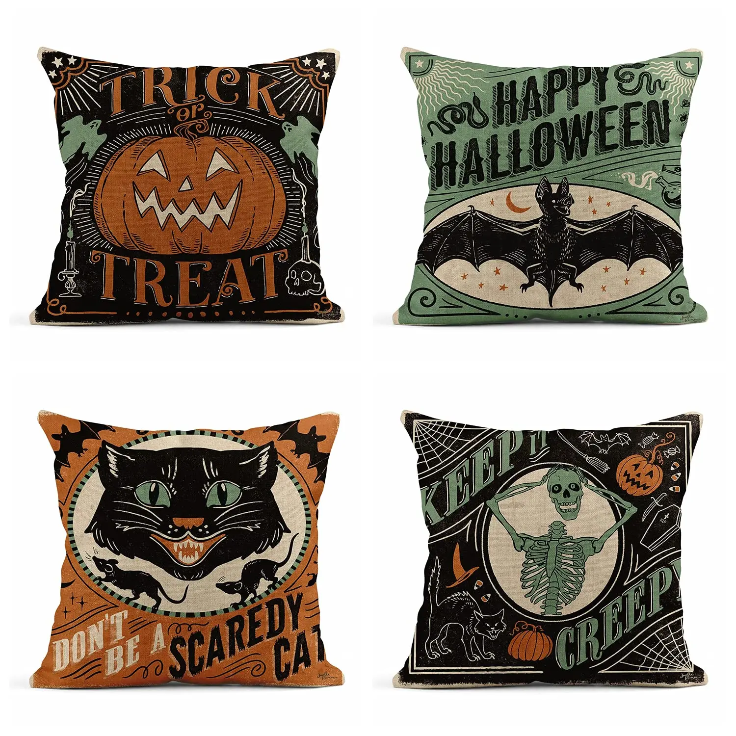 Set of 4 Linen Throw Pillow Covers 18x18 Inch Vintage Halloween Scaredy Cats Pumpkins Skeletons Home Decor Pillowcase Square Cushion Covers for Sofa Bed Couch Brand: rouihot