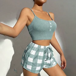 Women's Sleeveless Comfort Summer Sleepwear Casual Pajama Set Crew Neck Crop Solid Cami Top And Plaid Elastic Shorts Loungewear