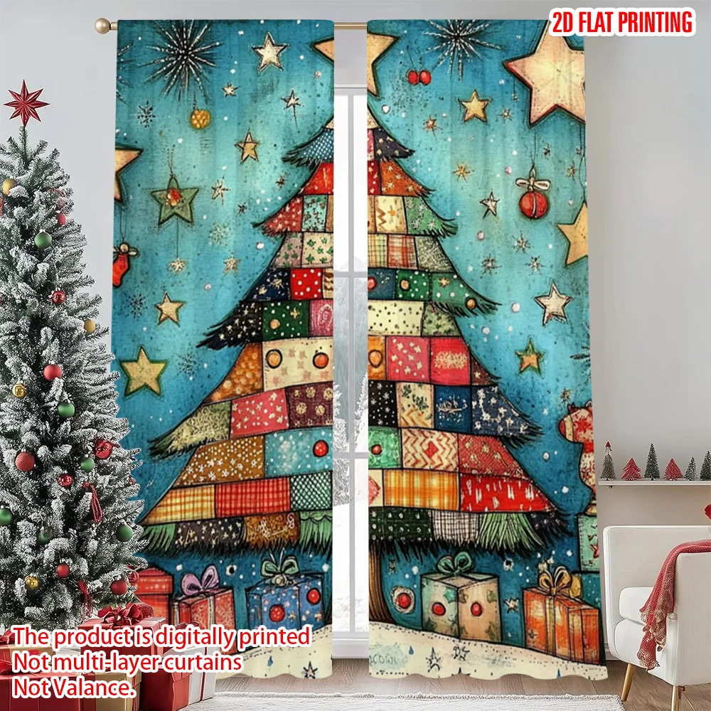

2pcs 2D flat printing Christmas Scene Curtain Christmas tree6 Durable 100% Polyester Fabric Without Electricity Holiday