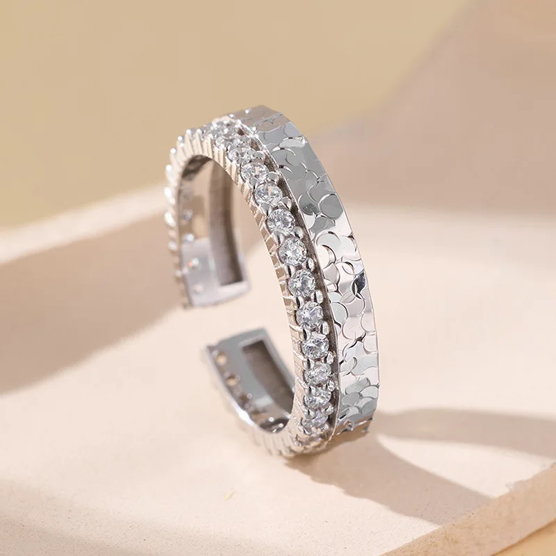 New Ring, Niche and High-end, S925 Pure Silver, Crushed Ice, Sparkling and Simple Basic Design, Open Mouth Wedding Jewelry