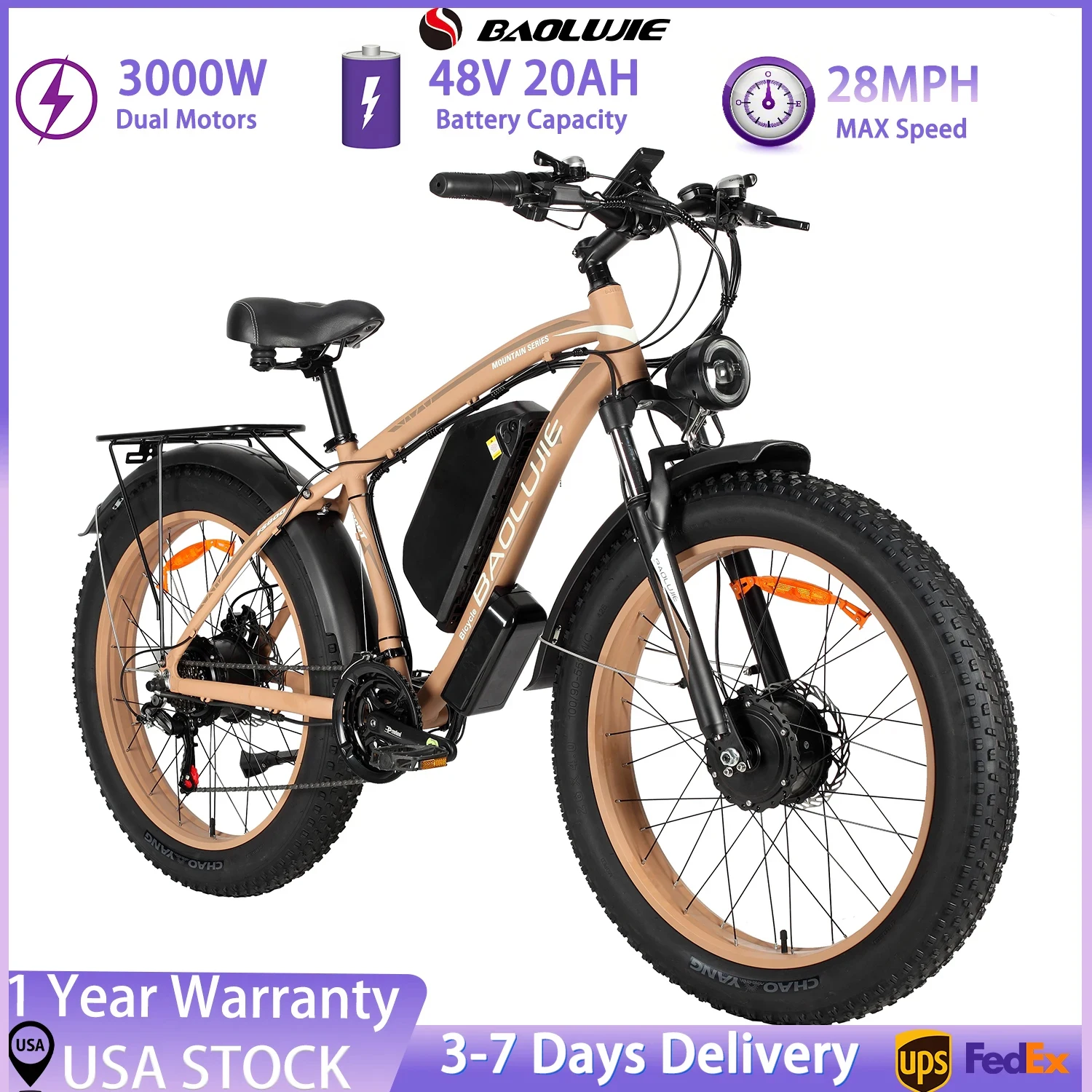 

BAOLUJIE 2602 Electric Bike, 3000W Adult E Bike, 41 Miles Electric Bike, 28MPH, 26'' Adult Electric Bike UL2849【1 Year Warranty】