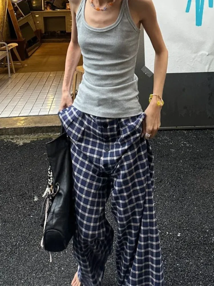 HOUZHOU Y2k Vintage Baggy Plaid Pants Woman Oversized Korean Fashion Harajuku Japanese Style Streetwear Gyaru Check Trousers