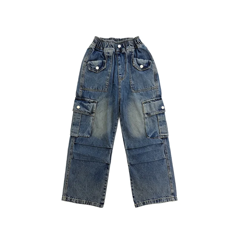 Girls Cargo Wide Leg Jeans, Elastic Waist Vintage Washed Denim Pants Multi Pockets Spring Autumn Teen Girls Streetwear Trousers