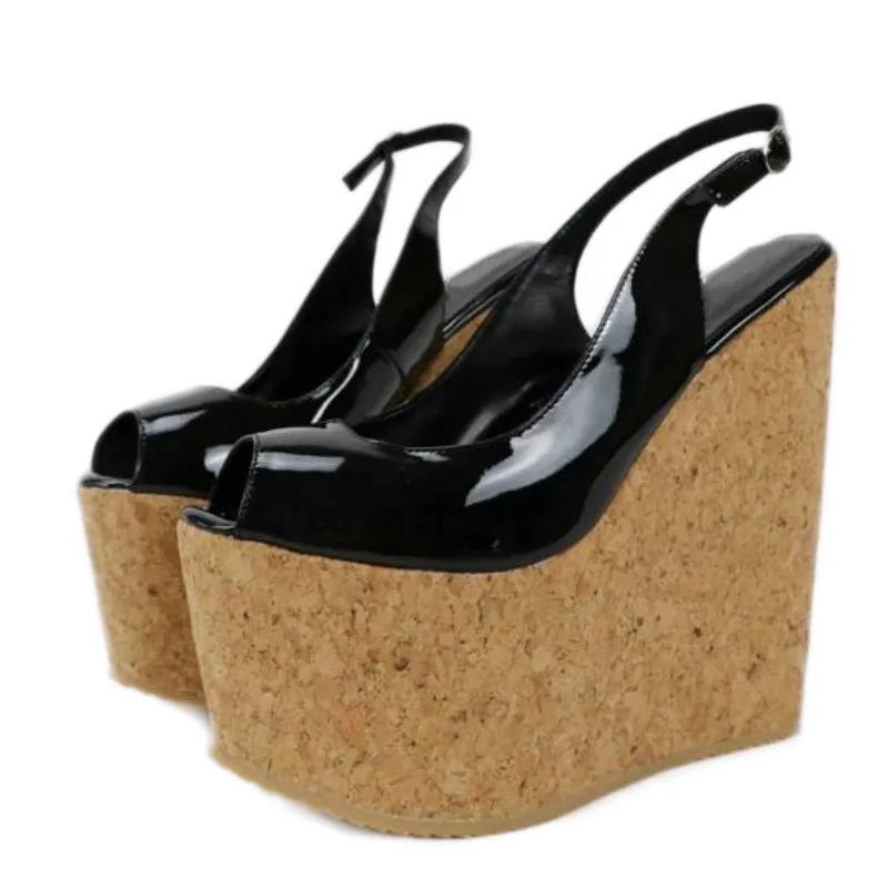 

SHOFOO shoes Fashionable women's high heel sandals. About 20cm heel height. Wedges heeled patent leather sandals. Summer shoes.