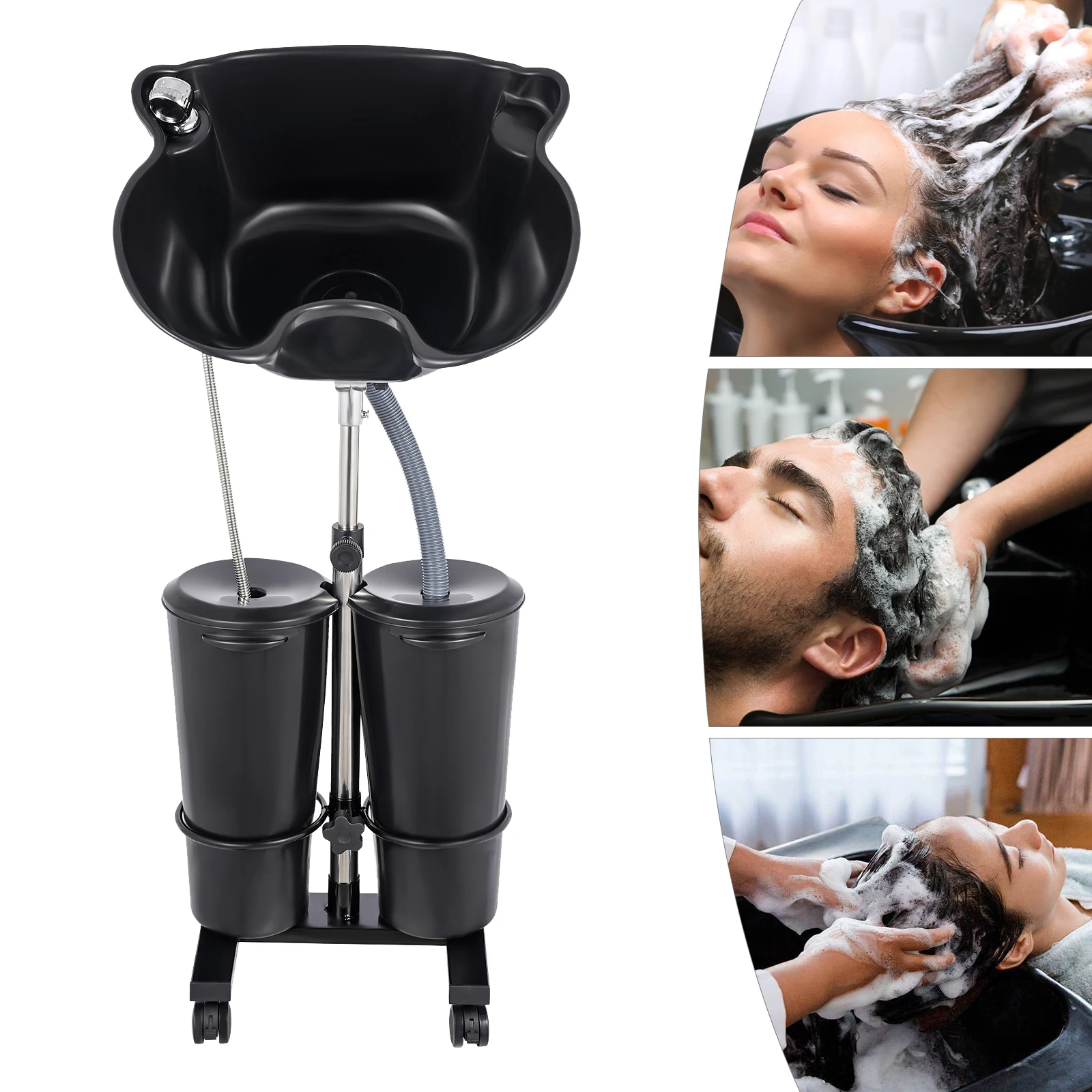 Rolling Shampoo Basin Upright No-Bend BarberShop Shampoo Basin (Double Bowl) with 2 Water Buckets 1.05-1.4m for  Stylists