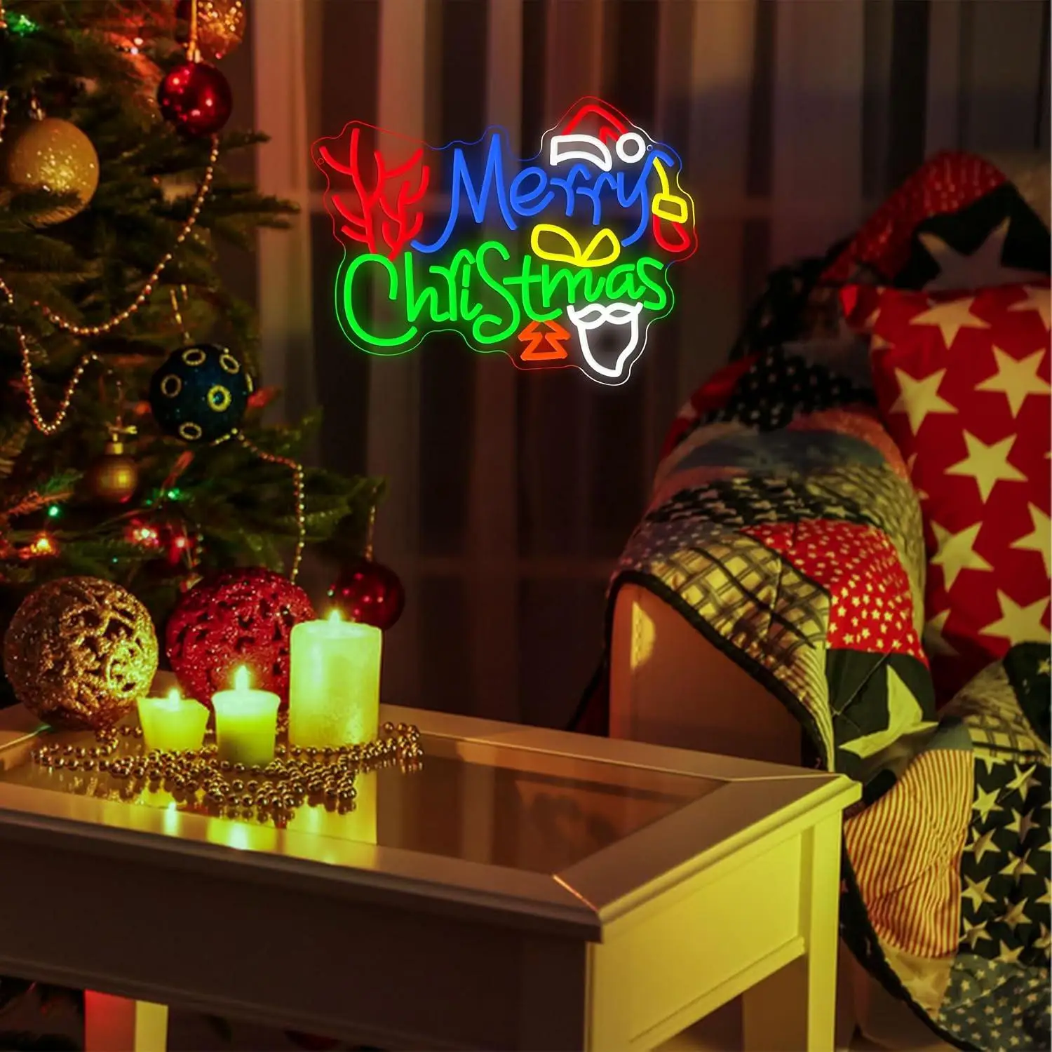 Colorful Merry Christmas Santa Hat Neon Sign USB Dimmable LED Lights For Xmas New Year Home Bar Window Party Wall Table Decor