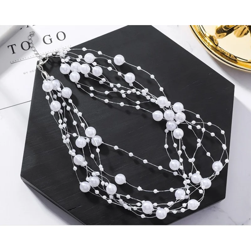 مزاجه اللؤلؤ متعدد الطبقات سلسلة الترقوة للنساء اليابانية والكورية بسيطة المنتقى طوق الرقبة مجوهرات قلادة قصيرة ne #2