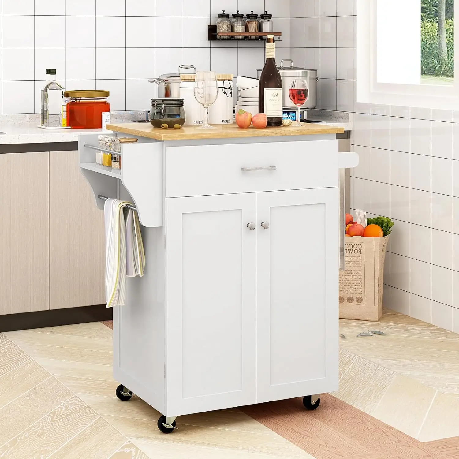 Rolling Kitchen Island, Kitchen Trolley Cart , Adjustable Shelf, Kitchen Cart on Wheels, Dining Room Furniture (White)