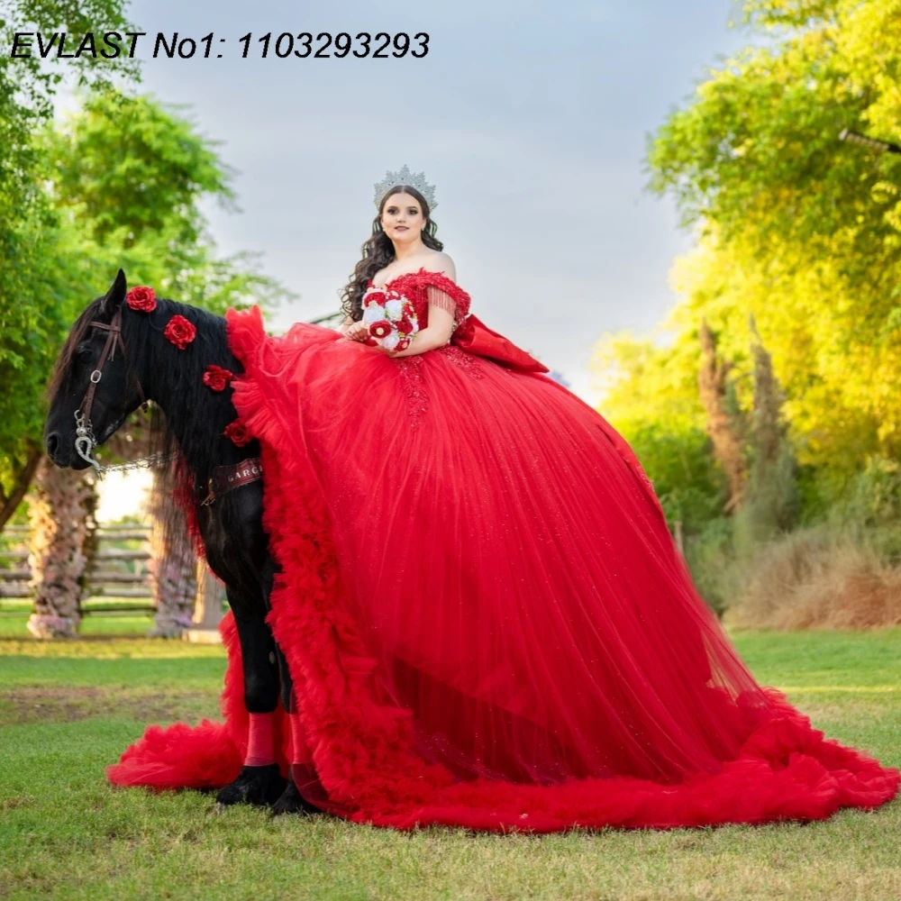EVLAST personalizado Charro rojo vestido para quinceañeras vestido De baile Apliques De encaje rebordear arco Charro dulce 16 Vestidos De 15 Anos E1QN545