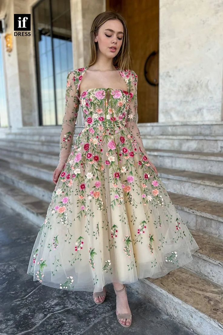 XIjun  Lace Appliques Prom Dresses Long Sleeves Evening Dress Formal Ankle Length Party Dress 2023 Elegant Occasion Prom Gowns