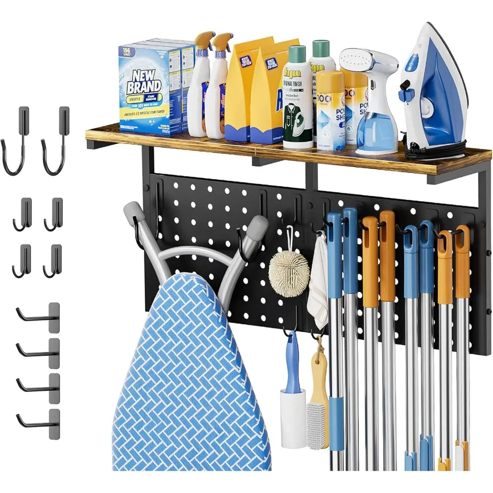 

Ironing Board Hanger Wall Mount, Laundry Room Storage Shelves with Iron Stand & Holder, Utility Shel Organizer with Broom Mop Ho