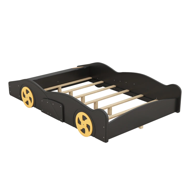 Full Size Race Car-Shaped Plataforma Cama com Rodas e Armazenamento, Preto e Amarelo