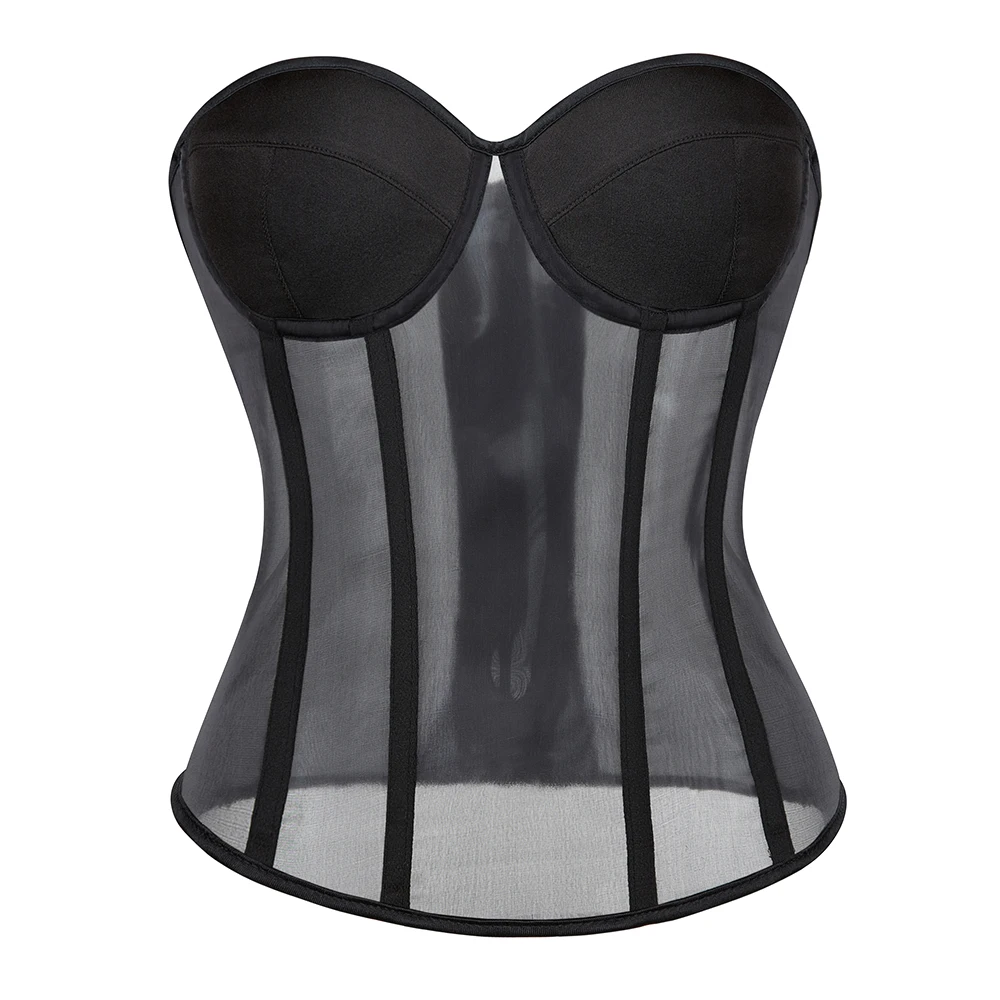 Donne Sexy Sheer Mesh Patchwork Bustier Top corsetto Vintage senza spalline Lace-Up Back Overbust vita Cincher