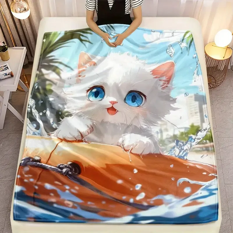 Cute Cat and Water Scene Flannel Blanket - Lightweight, Soft and Warm for Sofa, Travel, Bed and Office, Christmas and Halloween