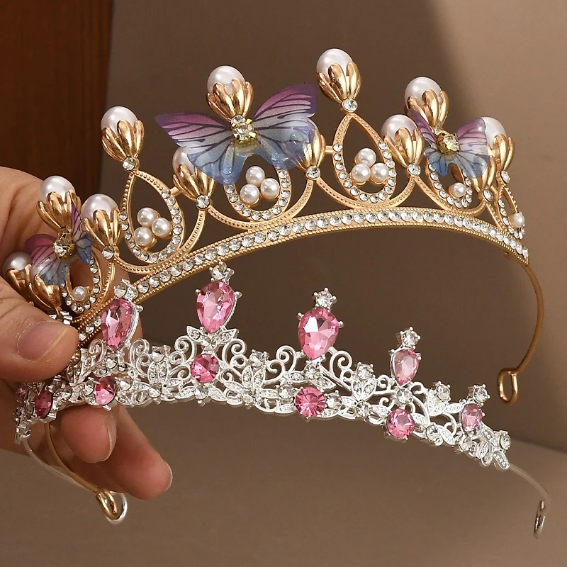 

2 Piece Romantic Butterfly Princess Headpiece Fairy Crown Faux Pearl Hair Accessory for Wedding Bride Ball Birthday