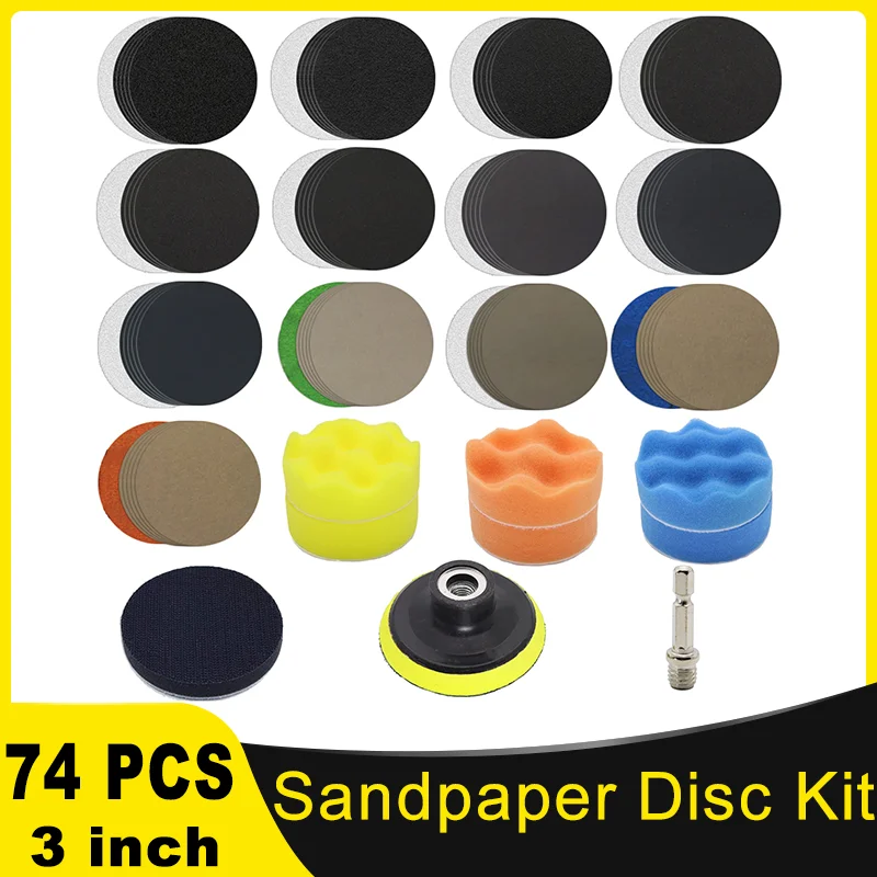 74Pcs Sandpaper 3Inch Sanding Disc 60-10000 Grit Wet Dry Sandpaper for Wood Metal Mirror Jewelry Car Polishing Headlight Cleaner