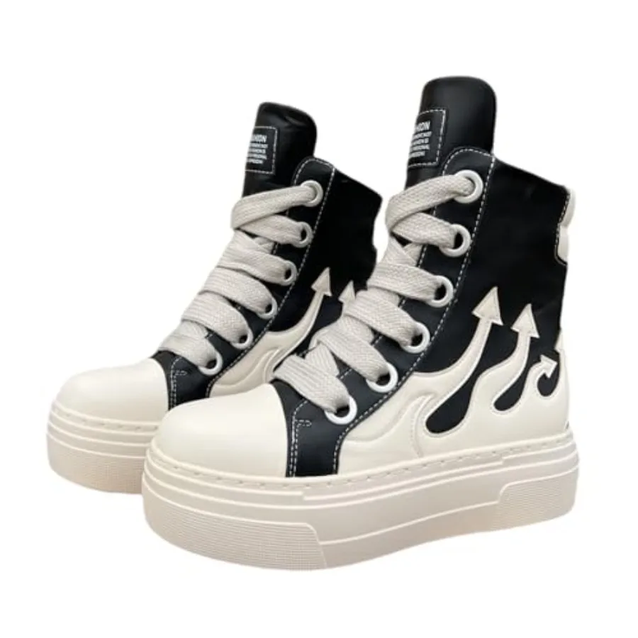

Unisex New Trend Spring Summer Flame Round Toe Thick Sole Platform Chunky Heels Men Women Sneakers Plus Size Fashion Western Pu